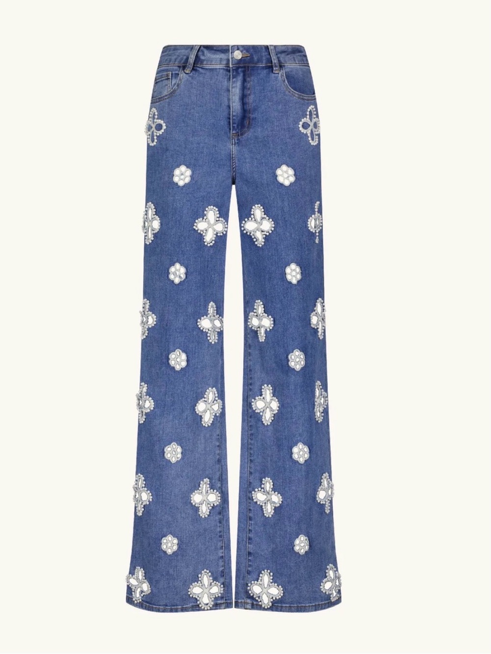 Noli Blue Wide-Leg Jeans with Pearl-Cluster Embellishments